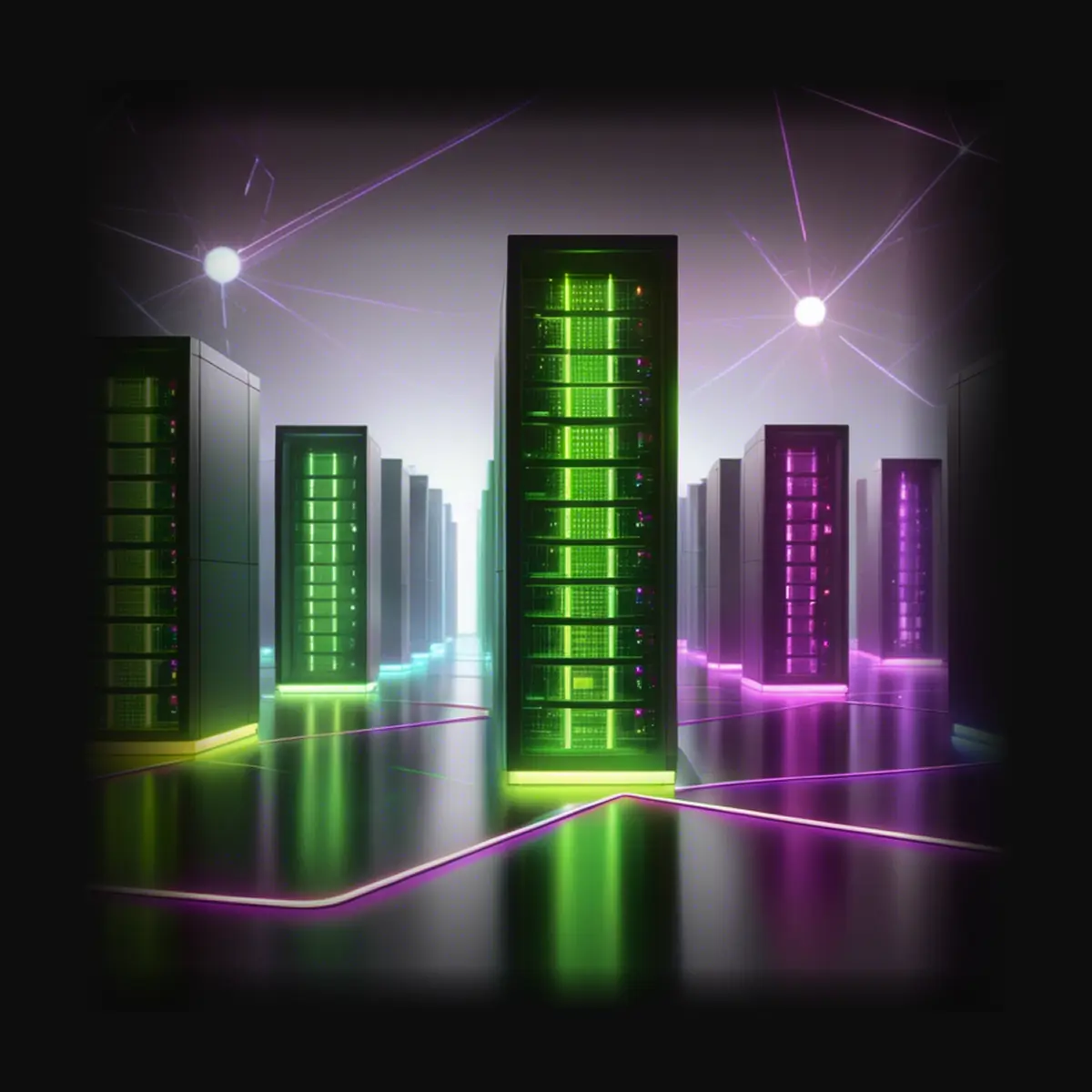 A data center visualization showing server racks illuminated in green and purple, arranged in rows with network connections indicated by light trails on the floor between them. The central server tower is prominently featured with bright green lighting.